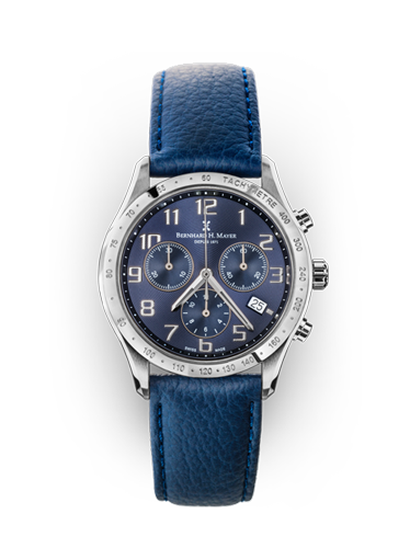 Iris Chronograph watch in deep blue leather straps slide 1 - stainless steel 316L case and crown